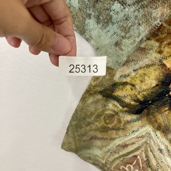 Chico's size XL/3 Green Brown Floral Split Neck Mesh Stretch Artsy Boho Blouse - Picture 9 of 9